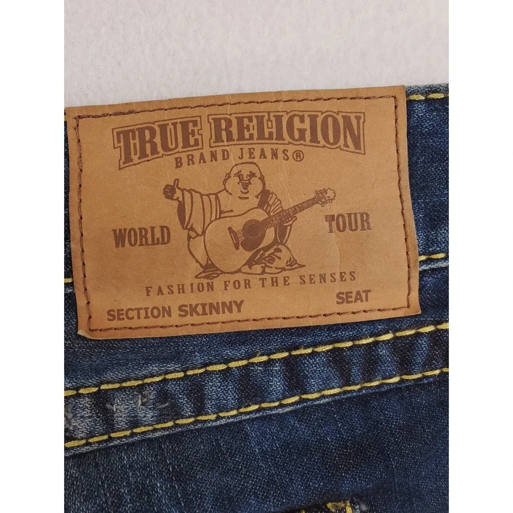 True Religion Jeans Mens 42x34 Skinny Flap Pocket Big T Y2K Hip Hop Thick Stitch